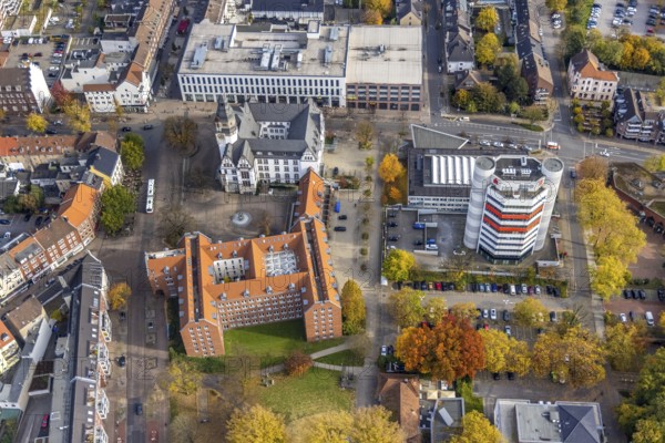 Aerial view, City Hall and Stadtsparkasse Gladbeck high-rise building in Gladbeck, Ruhr area, North Rhine-Westphalia, Germany, authority, citizens' office, DE, Europe, finance, Gladbeck, aerial view, aerial photography, aerial photography, city hall, savings bank, overview, bird's-eye view, overview