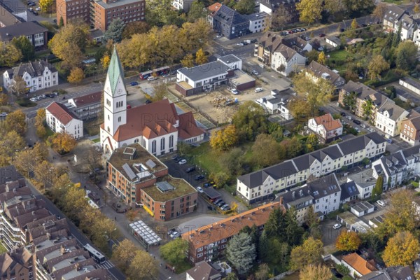 Aerial view, Christ Church and construction site with new kindergarten at the former Bonhoeffer House in the Postallee in Gladbeck, Ruhr area, North Rhine-Westphalia, Germany, place of worship, construction work, construction area, building site, building plots, construction project, construction site, DE, Europe, Gladbeck, religious community, place of worship, holy place, kindergarten, day care centre, day care centre, church, parish, day care centre, denomination, aerial view, aerial photography, aerial photography, new building, religion, religious site, overview, bird's-eye view, overview