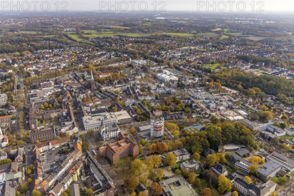 Aerial view, townscape with Stadtsparkasse Gladbeck high-rise building and St. Lamberti Catholic Church in Gladbeck, Ruhr area, North Rhine-Westphalia, Germany, place of worship, DE, Europe, Gladbeck, religious community, place of worship, holy place, city centre, church, parish, denomination, aerial view, aerial photography, aerial photography, aerial view, location view, religion, religious site, skyline, townscape, city centre, city centre, overview, bird's-eye view, bird's-eye view, overview