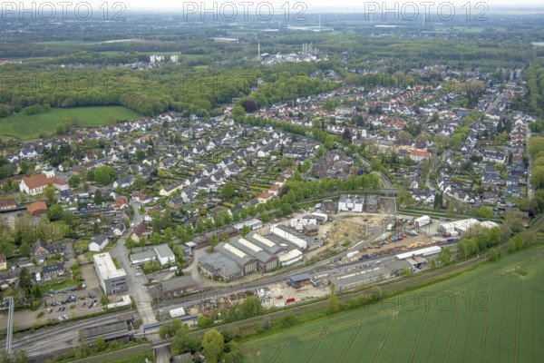 Aerial view, site view, construction site Werkstraße, former roundhouse, Rentfort, Gladbeck, Ruhr area, North Rhine-Westphalia, Germany, construction work, construction area, building site, building plots, construction project, construction site, DE, Europe, property tax, real estate, aerial view, aerial photography, aerial photography, overview, bird's-eye view, residential complex, living and life, residential area, residential buildings, birds-eyes view, overview