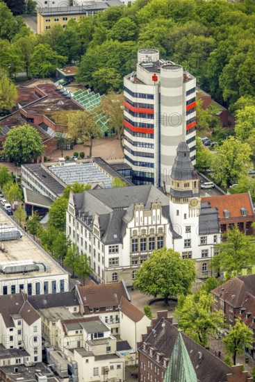 Aerial view, City Hall Gladbeck and Sparkasse Tower, Viktoria-Quartier, Gladbeck, Ruhr area, North Rhine-Westphalia, Germany, Old City Hall, authority, City, DE, Europe, finance, commercial buildings, high-rise building, city centre, aerial view, aerial photography, aerial photography, New City Hall, North Rhine-Westphalia, City Hall, city centre, overview, Viktoria-Quartier, bird's-eye view, Willy-Brandt-Platz, birds-eyes view, overview