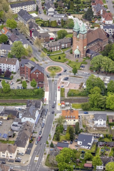 Aerial view, new bridge construction at Kardinal-Hengsbach-Platz, Herz-Jesu-Kirche, Zweckel, Gladbeck, Ruhr area, North Rhine-Westphalia, Germany, place of worship, bridge, DE, Europe, religious community, place of worship, holy site, church, church community, denomination, roundabout, roundabout, aerial view, aerial photography, aerial photography, religion, religious site, overview, bird's-eye view, overview