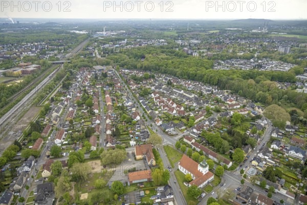Aerial view, local view and catholic Christus König church, Rentfort, Gladbeck, Ruhr area, North Rhine-Westphalia, Germany, place of worship, DE, Europe, religious community, place of worship, property tax, holy place, real estate, church, parish, denomination, aerial view, aerial photography, aerial photography, religion, religious site, overview, bird's-eye view, residential complex, living and life, residential area, residential buildings, birds-eyes view, overview