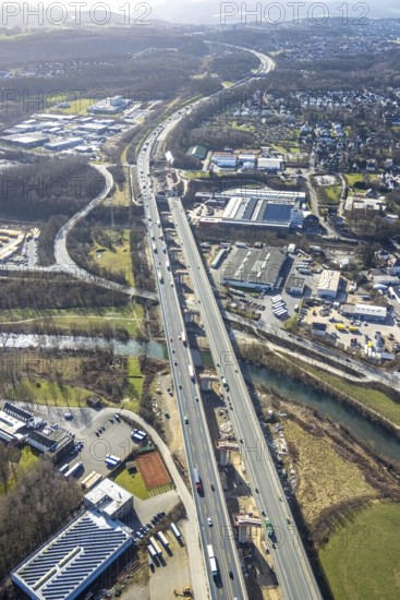 Aerial view of the Lennetal bridge, motorway A45 Sauerlandlinie shortly in front of the lane shift, Lennetal, Hagen, Ruhr area, North Rhine-Westphalia, Germany, DE, Europe, aerial photo, birds-eyes view, aerial photograph, aerial photography, aerial photography, overview, bird's eye view, traffic infrastructure, Sauerlandlinie, motorway bridge A45, Lennetal bridge, motorway maintenance depot Hagen, Autobahn.de