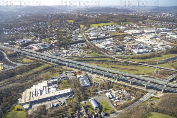 Aerial view of the Lennetal bridge, motorway A45 Sauerlandlinie shortly in front of the lane shift, Lennetal, Hagen, Ruhr area, North Rhine-Westphalia, Germany, DE, Europe, aerial photo, birds-eyes view, aerial photograph, aerial photography, aerial photography, overview, bird's eye view, traffic infrastructure, Sauerlandlinie, motorway bridge A45, Lennetal bridge, motorway maintenance depot Hagen, Autobahn.de