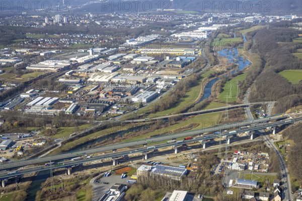 Aerial view of the Lennetal bridge, motorway A45 Sauerlandlinie shortly in front of the lane shift, Lennetal, Hagen, Ruhr area, North Rhine-Westphalia, Germany, DE, Europe, aerial photo, birds-eyes view, aerial photograph, aerial photography, aerial photography, overview, bird's eye view, traffic infrastructure, Sauerlandlinie, motorway bridge A45, Lennetal bridge, motorway maintenance depot Hagen, Autobahn.de
