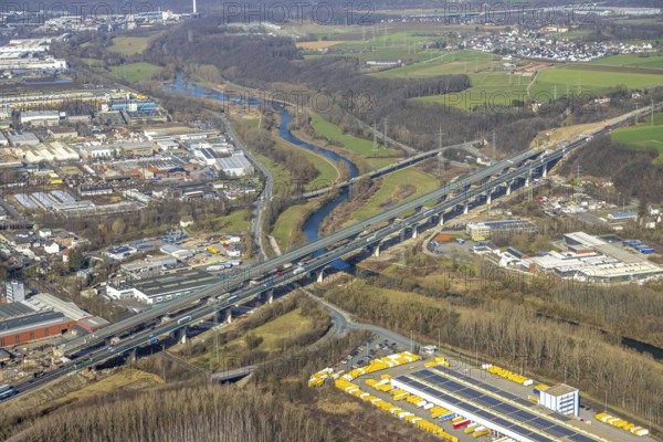 Aerial view of the Lennetal bridge, motorway A45 Sauerlandlinie shortly in front of the lane shift, Lennetal, Hagen, Ruhr area, North Rhine-Westphalia, Germany, DE, Europe, aerial photo, birds-eyes view, aerial photograph, aerial photography, aerial photography, overview, bird's eye view, traffic infrastructure, Sauerlandlinie, motorway bridge A45, Lennetal bridge, motorway maintenance depot Hagen, Autobahn.de