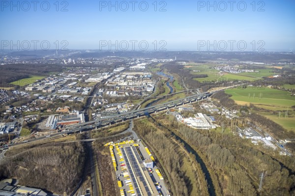 Aerial view of the Lennetal bridge, motorway A45 Sauerlandlinie shortly in front of the lane shift, Lennetal, Hagen, Ruhr area, North Rhine-Westphalia, Germany, DE, Europe, aerial photo, birds-eyes view, aerial photograph, aerial photography, aerial photography, overview, bird's eye view, traffic infrastructure, Sauerlandlinie, motorway bridge A45, Lennetal bridge, motorway maintenance depot Hagen, Autobahn.de