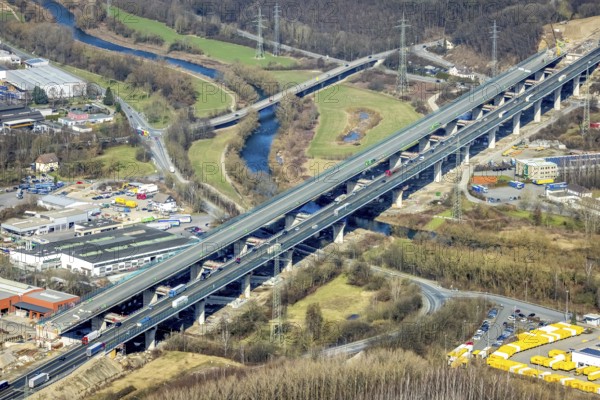 Aerial view of the Lennetal bridge, motorway A45 Sauerlandlinie shortly in front of the lane shift, Lennetal, Hagen, Ruhr area, North Rhine-Westphalia, Germany, DE, Europe, aerial photo, birds-eyes view, aerial photograph, aerial photography, aerial photography, overview, bird's eye view, traffic infrastructure, Sauerlandlinie, motorway bridge A45, Lennetal bridge, motorway maintenance depot Hagen, Autobahn.de