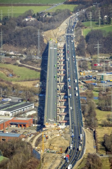 Aerial view of the Lennetal bridge, motorway A45 Sauerlandlinie shortly in front of the lane shift, Lennetal, Hagen, Ruhr area, North Rhine-Westphalia, Germany, DE, Europe, aerial photo, birds-eyes view, aerial photograph, aerial photography, aerial photography, overview, bird's eye view, traffic infrastructure, Sauerlandlinie, motorway bridge A45, Lennetal bridge, motorway maintenance depot Hagen, Autobahn.de