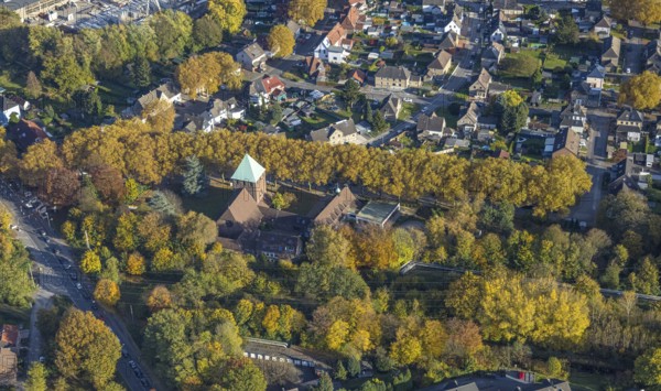 Aerial view, St. Elisabeth Church in the Ellinghorst district of Gladbeck, Ruhr area, North Rhine-Westphalia, Germany, place of worship, DE, Europe, Gladbeck, religious community, place of worship, holy place, church, parish, denomination, aerial view, aerial photography, aerial photography, religion, religious site, overview, bird's-eye view, overview