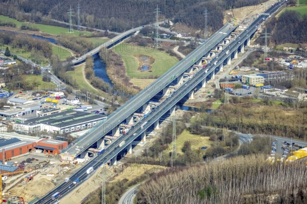 Aerial view of the Lennetal bridge, motorway A45 Sauerlandlinie shortly in front of the lane shift, Lennetal, Hagen, Ruhr area, North Rhine-Westphalia, Germany, DE, Europe, aerial photo, birds-eyes view, aerial photograph, aerial photography, aerial photography, overview, bird's eye view, traffic infrastructure, Sauerlandlinie, motorway bridge A45, Lennetal bridge, motorway maintenance depot Hagen, Autobahn.de