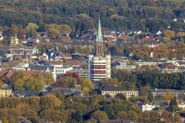 Aerial view, Stadtsparkasse Gladbeck high-rise building and St. Lamberti Catholic Church in Gladbeck, Ruhr area, North Rhine-Westphalia, Germany, place of worship, DE, Europe, Gladbeck, religious community, place of worship, holy site, city centre, church, parish, denomination, aerial view, aerial photography, aerial photography, aerial view, location view, religion, religious site, skyline, townscape, city centre, city centre, overview, bird's-eye view, bird's-eye view, overview