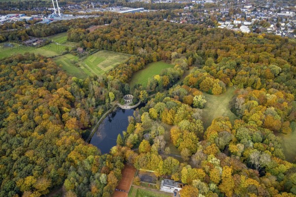 Aerial view, Wittringen memorial in the autumnal Wittringer Forest in Gladbeck, Ruhr area, North Rhine-Westphalia, Germany, DE, Europe, Gladbeck, aerial view, aerial photography, aerial photography, park, overview, bird's-eye view, forest area, birds-eyes view, overview