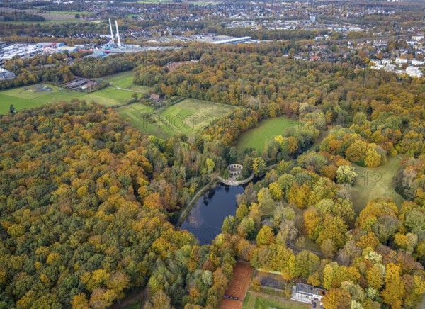 Aerial view, Wittringen memorial in the autumnal Wittringer Forest in Gladbeck, Ruhr area, North Rhine-Westphalia, Germany, DE, Europe, Gladbeck, aerial view, aerial photography, aerial photography, park, overview, bird's-eye view, forest area, birds-eyes view, overview