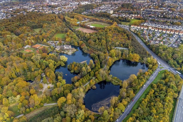 Aerial view, moated castle Wittringen with castle pond in the district Butendorf in Gladbeck, Ruhr area, North Rhine-Westphalia, Germany, castle, DE, Europe, gastronomy, Gladbeck, moat, manor house, aerial view, aerial photography, aerial photography, castle, tennis, tennis court, tennis courts, overview, bird's-eye view, forest area, moated castle, moat, moated castle, birds-eyes view, overview