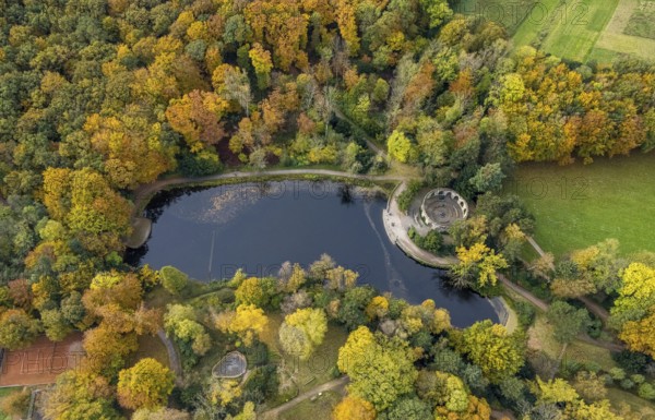 Aerial view, Wittringen memorial in the autumnal Wittringer Forest in Gladbeck, Ruhr area, North Rhine-Westphalia, Germany, DE, Europe, Gladbeck, aerial view, aerial photography, aerial photography, park, overview, bird's-eye view, forest area, birds-eyes view, overview