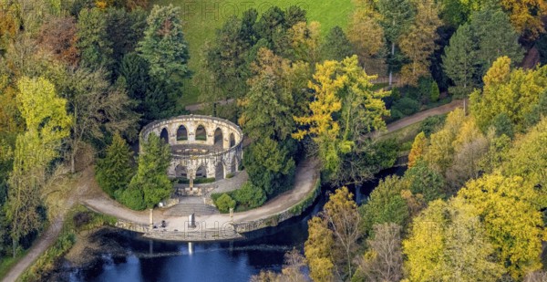 Aerial view, Wittringen memorial in the autumnal Wittringer Forest in Gladbeck, Ruhr area, North Rhine-Westphalia, Germany, DE, Europe, Gladbeck, aerial view, aerial photography, aerial photography, park, overview, bird's-eye view, forest area, birds-eyes view, overview