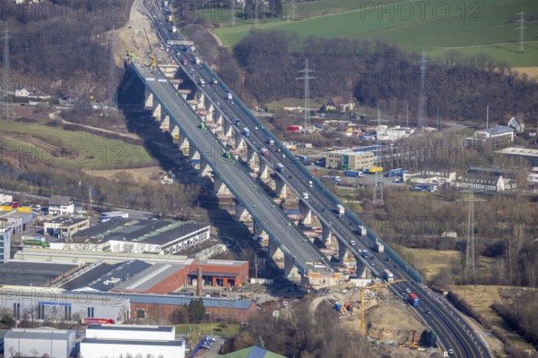 Aerial view of the Lennetal bridge, motorway A45 Sauerlandlinie shortly in front of the lane shift, Lennetal, Hagen, Ruhr area, North Rhine-Westphalia, Germany, DE, Europe, aerial photo, birds-eyes view, aerial photograph, aerial photography, aerial photography, overview, bird's eye view, traffic infrastructure, Sauerlandlinie, motorway bridge A45, Lennetal bridge, motorway maintenance depot Hagen, Autobahn.de