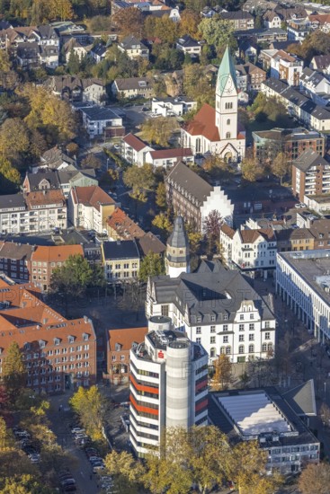 Aerial view, City Hall and Stadtsparkasse Gladbeck high-rise building and Christ Church in Gladbeck, Ruhr area, North Rhine-Westphalia, Germany, place of worship, authority, citizens' office, DE, Europe, finance, Gladbeck, religious community, place of worship, holy place, church, parish, denomination, aerial view, aerial photography, aerial photography, town hall, religion, religious site, savings bank, overview, bird's-eye view, overview