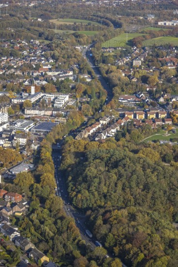 Aerial view, The Essener Straße federal road B224 in the district Butendorf in Gladbeck, Ruhr area, North Rhine-Westphalia, Germany, DE, Europe, Gartenstraße, Gladbeck, green trees, autumn colours, aerial view, aerial photography, aerial photography, overview, bird's eye view, residential complex, birds-eyes view, overview
