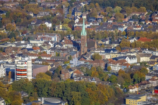 Aerial view, townscape with Stadtsparkasse Gladbeck high-rise building and St. Lamberti Catholic Church in Gladbeck, Ruhr area, North Rhine-Westphalia, Germany, place of worship, DE, Europe, Gladbeck, religious community, place of worship, holy place, city centre, church, parish, denomination, aerial view, aerial photography, aerial photography, aerial view, location view, religion, religious site, skyline, townscape, city centre, city centre, overview, bird's-eye view, bird's-eye view, overview