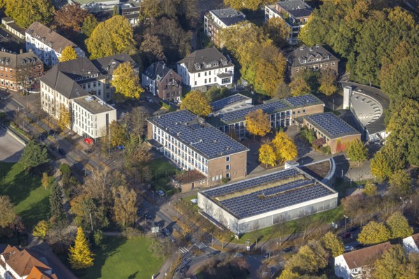 Aerial view, Riesener Gymnasium with solar roof in Gladbeck, Ruhr area, North Rhine-Westphalia, Germany, education, educational institution, DE, Europe, Gladbeck, grammar school, educational institute, aerial view, aerial photography, aerial photography, photovoltaics, photovoltaic system, school, solar, solar system, solar roof, solar energy, overview, bird's-eye view, overview