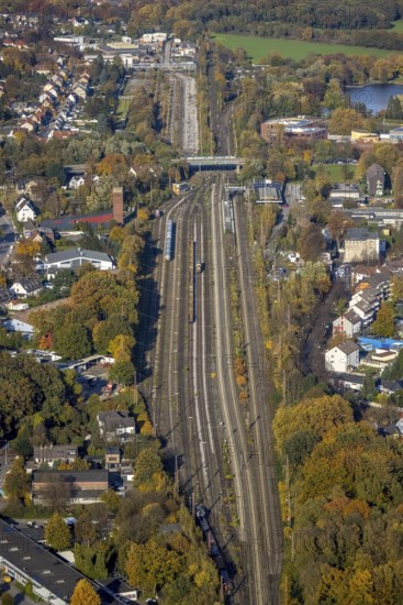 Aerial view, railway layout and station Gladbeck West in Gladbeck, Ruhr area, North Rhine-Westphalia, Germany, railway tracks, station, DE, Deutsche Bahn AG, Europe, Gladbeck, aerial view, aerial photography, aerial photography, overview, bird's-eye view, overview