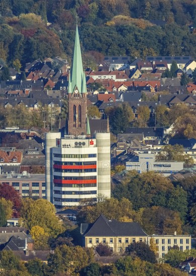 Aerial view, Stadtsparkasse Gladbeck tower block and St. Lamberti Catholic Church in Gladbeck, Ruhr area, North Rhine-Westphalia, Germany, place of worship, DE, Europe, Gladbeck, religious community, place of worship, holy place, church, parish, denomination, aerial view, aerial photography, aerial photography, religion, religious site, overview, bird's-eye view, bird's-eye view, overview