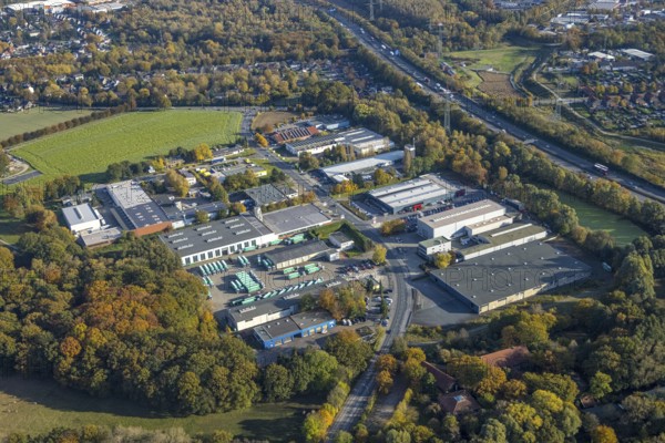 Aerial view, commercial area Hornstraße in the district Ellinghorst in Gladbeck, Ruhr area, North Rhine-Westphalia, Germany, DE, Europe, commercial enterprises, commercial area, commercial park, commercial location, commercial use, Gladbeck, industrial area, industrial building, industrial location, aerial photograph, aerial photography, aerial photography, overview, bird's-eye view, bird's-eye view, overview