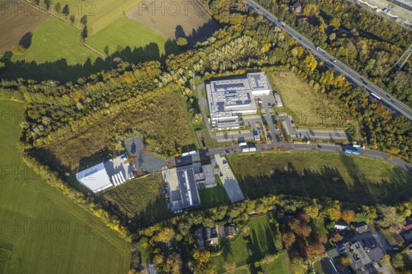 Aerial view, industrial estate Hegestraße and Heinrich-Hertz-Straße with Lenord, Baür & Co. GmbH in the district Rentfort in Gladbeck, Ruhr area, North Rhine-Westphalia, Germany, DE, Europe, commercial enterprises, commercial area, commercial park, commercial location, commercial use, Gladbeck, industrial area, industrial building, industrial location, aerial photograph, aerial photography, aerial photography, overview, bird's-eye view, birds-eyes view, overview