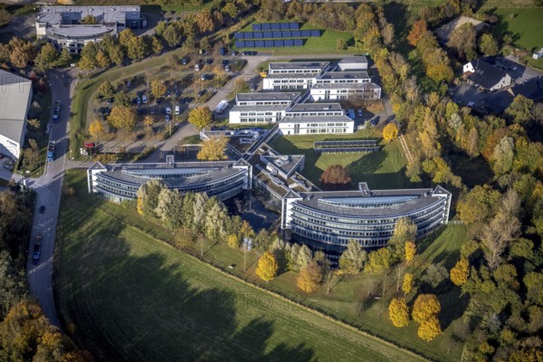 Aerial view, commercial area Am Wiesenbusch with IWG Innovation Centre Wiesenbusch Gladbeck in the district Rentfort in Gladbeck, Ruhr area, North Rhine-Westphalia, Germany, DE, Europe, distant view, commercial enterprises, commercial area, commercial park, commercial location, commercial use, Gladbeck, industrial area, industrial building, industrial location, aerial view, aerial photography, aerial photography, overview, bird's-eye view, overview