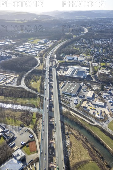 Aerial view of the Lennetal bridge, motorway A45 Sauerlandlinie shortly in front of the lane shift, Lennetal, Hagen, Ruhr area, North Rhine-Westphalia, Germany, DE, Europe, aerial photo, birds-eyes view, aerial photograph, aerial photography, aerial photography, overview, bird's eye view, traffic infrastructure, Sauerlandlinie, motorway bridge A45, Lennetal bridge, motorway maintenance depot Hagen, Autobahn.de