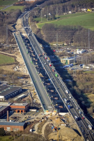 Aerial view, construction site, new construction of a section of the Lennetal Bridge, Lennetal, Hagen, Ruhr area, North Rhine-Westphalia, Germany, construction work, construction, construction area, construction site, construction site, construction project, construction site, bridge, DE, Europe, Lennetal Bridge, aerial view, aerial photography, aerial photography, new construction, road traffic, overview, displacement, bird's-eye view, overview