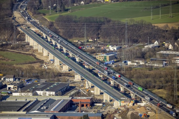 Aerial view, construction site, new construction of a section of the Lennetal Bridge, Lennetal, Hagen, Ruhr area, North Rhine-Westphalia, Germany, construction work, construction, construction area, construction site, construction site, construction project, construction site, bridge, DE, Europe, Lennetal Bridge, aerial view, aerial photography, aerial photography, new construction, road traffic, overview, displacement, bird's-eye view, overview