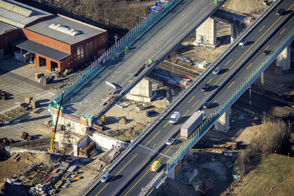 Aerial view, construction site, new construction of a section of the Lennetal Bridge, Lennetal, Hagen, Ruhr area, North Rhine-Westphalia, Germany, construction work, construction, construction area, construction site, construction site, construction project, construction site, bridge, DE, Europe, Lennetal Bridge, aerial view, aerial photography, aerial photography, new construction, road traffic, overview, displacement, bird's-eye view, overview