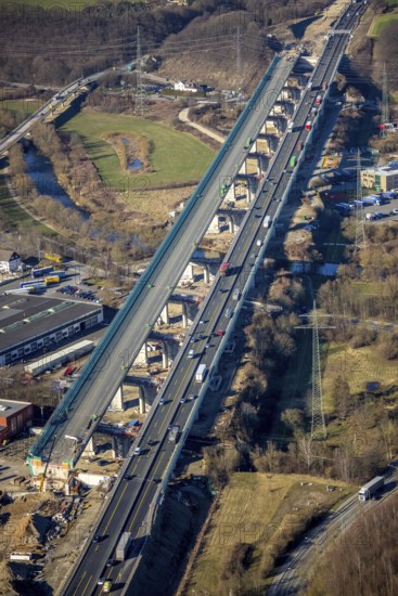 Aerial view, construction site, new construction of a section of the Lennetal Bridge, Lennetal, Hagen, Ruhr area, North Rhine-Westphalia, Germany, construction work, construction, construction area, construction site, construction site, construction project, construction site, bridge, DE, Europe, Lennetal Bridge, aerial view, aerial photography, aerial photography, new construction, road traffic, overview, displacement, bird's-eye view, overview