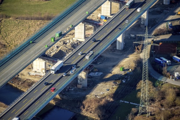 Aerial view, construction site, new construction of a section of the Lennetal Bridge, Lennetal, Hagen, Ruhr area, North Rhine-Westphalia, Germany, construction work, construction, construction area, construction site, construction site, construction project, construction site, bridge, DE, Europe, Lennetal Bridge, aerial view, aerial photography, aerial photography, new construction, road traffic, overview, displacement, bird's-eye view, overview