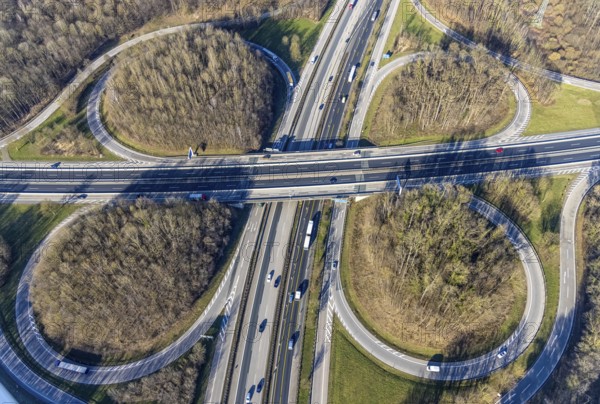 Aerial view, motorway junction Hagen, A45 and A46, Lennetal, Hagen, Ruhr area, North Rhine-Westphalia, Germany, motorway A45, motorway A46, motorway junction, bridge, DE, Europe, aerial view, aerial photography, aerial photography, road traffic, overview, bird's eye view, forest area, birds-eyes view, overview