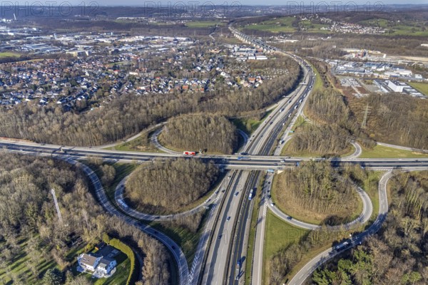 Aerial view, motorway junction Hagen, A45 and A46, construction site new construction of a section of the Lennetal bridge, Lennetal, Hagen, Ruhr area, North Rhine-Westphalia, Germany, motorway A45, motorway A46, motorway junction, construction work, construction, construction area, construction site, construction site, construction project, construction project, construction site, bridge, DE, Europe, Lennetal bridge, aerial view, aerial photography, aerial photography, new construction, road traffic, overview, displacement, bird's eye view, birds-eyes view, overview