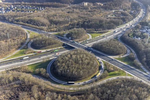 Aerial view, motorway junction Hagen, A45 and A46, Lennetal, Hagen, Ruhr area, North Rhine-Westphalia, Germany, motorway A45, motorway A46, motorway junction, bridge, DE, Europe, aerial view, aerial photography, aerial photography, road traffic, overview, bird's eye view, forest area, birds-eyes view, overview
