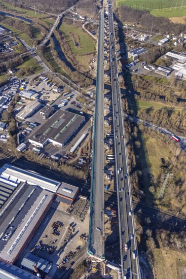 Aerial view, construction site, new construction of a section of the Lennetal Bridge, Lennetal, Hagen, Ruhr area, North Rhine-Westphalia, Germany, construction work, construction, construction area, construction site, construction site, construction project, construction site, bridge, DE, Europe, Lennetal Bridge, aerial view, aerial photography, aerial photography, new construction, road traffic, overview, displacement, bird's-eye view, overview