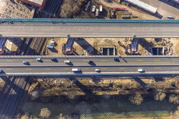 Aerial view, construction site, new construction of a section of the Lennetal Bridge, Lennetal, Hagen, Ruhr area, North Rhine-Westphalia, Germany, construction work, construction, construction area, construction site, construction site, construction project, construction site, bridge, DE, Europe, Lennetal Bridge, aerial view, aerial photography, aerial photography, new construction, road traffic, overview, displacement, bird's-eye view, overview