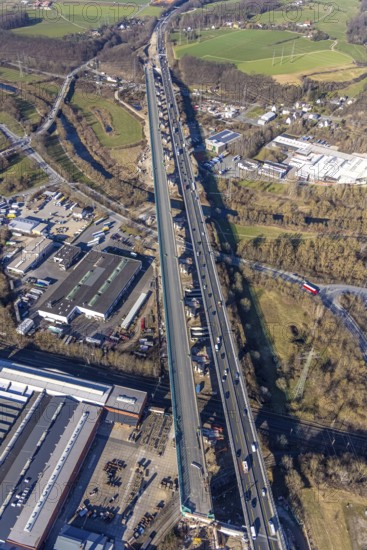 Aerial view, construction site, new construction of a section of the Lennetal Bridge, Lennetal, Hagen, Ruhr area, North Rhine-Westphalia, Germany, construction work, construction, construction area, construction site, construction site, construction project, construction site, bridge, DE, Europe, Lennetal Bridge, aerial view, aerial photography, aerial photography, new construction, road traffic, overview, displacement, bird's-eye view, overview
