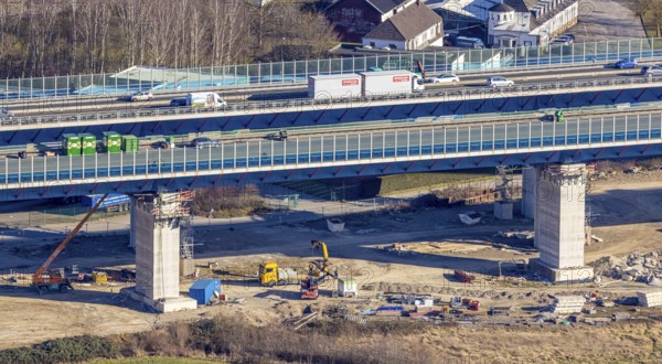 Aerial view, construction site, new construction of a section of the Lennetal Bridge, Lennetal, Hagen, Ruhr area, North Rhine-Westphalia, Germany, construction work, construction, construction area, construction site, construction site, construction project, construction site, bridge, DE, Europe, Lennetal Bridge, aerial view, aerial photography, aerial photography, new construction, road traffic, overview, displacement, bird's-eye view, overview