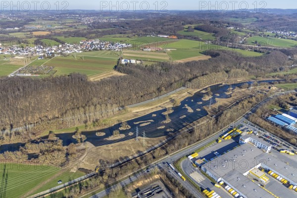 Aerial photo, renaturalisation measure Lenne floodplains, river Lenne, Lenne valley, Hagen, Ruhr area, North Rhine-Westphalia, Germany, floodplain landscape, DE, Europe, aerial photo, aerial photography, aerial photography, nature reserve, overview, bird's-eye view, overview, renaturalised river, eco-project
