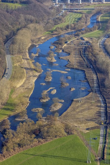 Aerial photo, renaturalisation measure Lenne floodplains, river Lenne, Lenne valley, Hagen, Ruhr area, North Rhine-Westphalia, Germany, floodplain landscape, DE, Europe, aerial photo, aerial photography, aerial photography, nature reserve, overview, bird's-eye view, overview, renaturalised river, eco-project