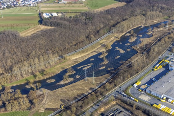 Aerial photo, renaturalisation measure Lenne floodplains, river Lenne, Lenne valley, Hagen, Ruhr area, North Rhine-Westphalia, Germany, floodplain landscape, DE, Europe, aerial photo, aerial photography, aerial photography, nature reserve, overview, bird's-eye view, overview, renaturalised river, eco-project