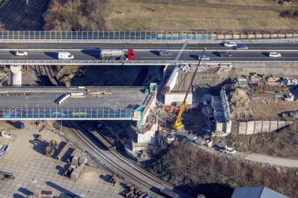Aerial view, construction site, new construction of a section of the Lennetal Bridge, Lennetal, Hagen, Ruhr area, North Rhine-Westphalia, Germany, construction work, construction, construction area, construction site, construction site, construction project, construction site, bridge, DE, Europe, Lennetal Bridge, aerial view, aerial photography, aerial photography, new construction, road traffic, overview, displacement, bird's-eye view, overview