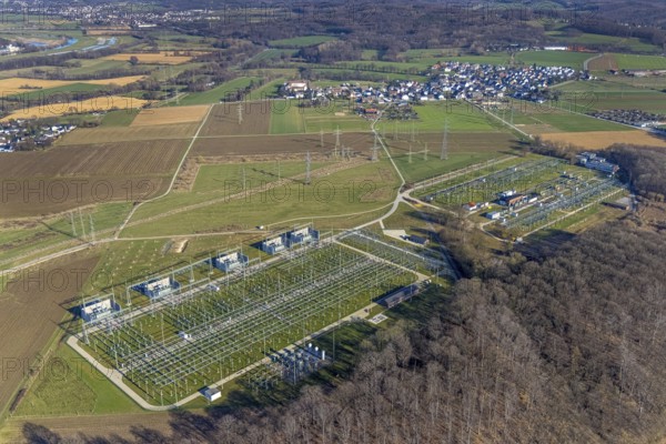 Aerial view, power supply plant, Boele, Hagen, Ruhr area, North Rhine-Westphalia, Germany, DE, energy, energy production, energy supplier, energy management, energy supplier, energy industry, Europe, aerial view, aerial photography, aerial photography, aerial poles, overview, bird's-eye view, overview